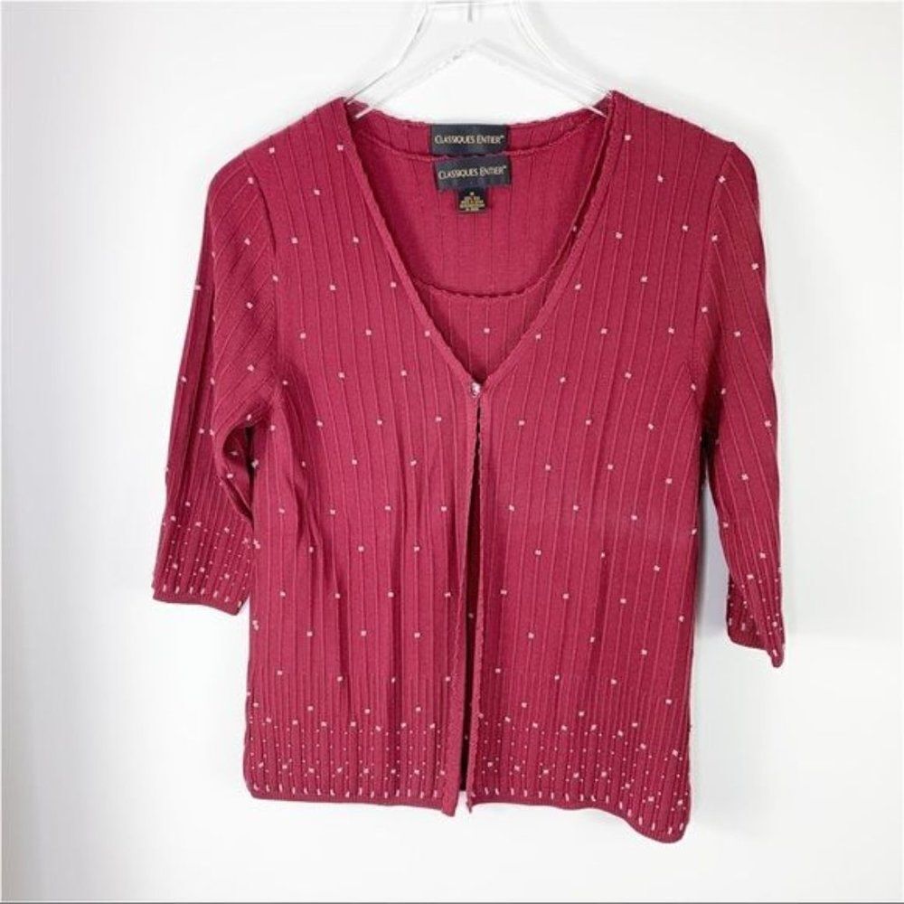 Classiques Entier Vintage Beaded‎ Silk Burgundy Cardigan Sweater Set